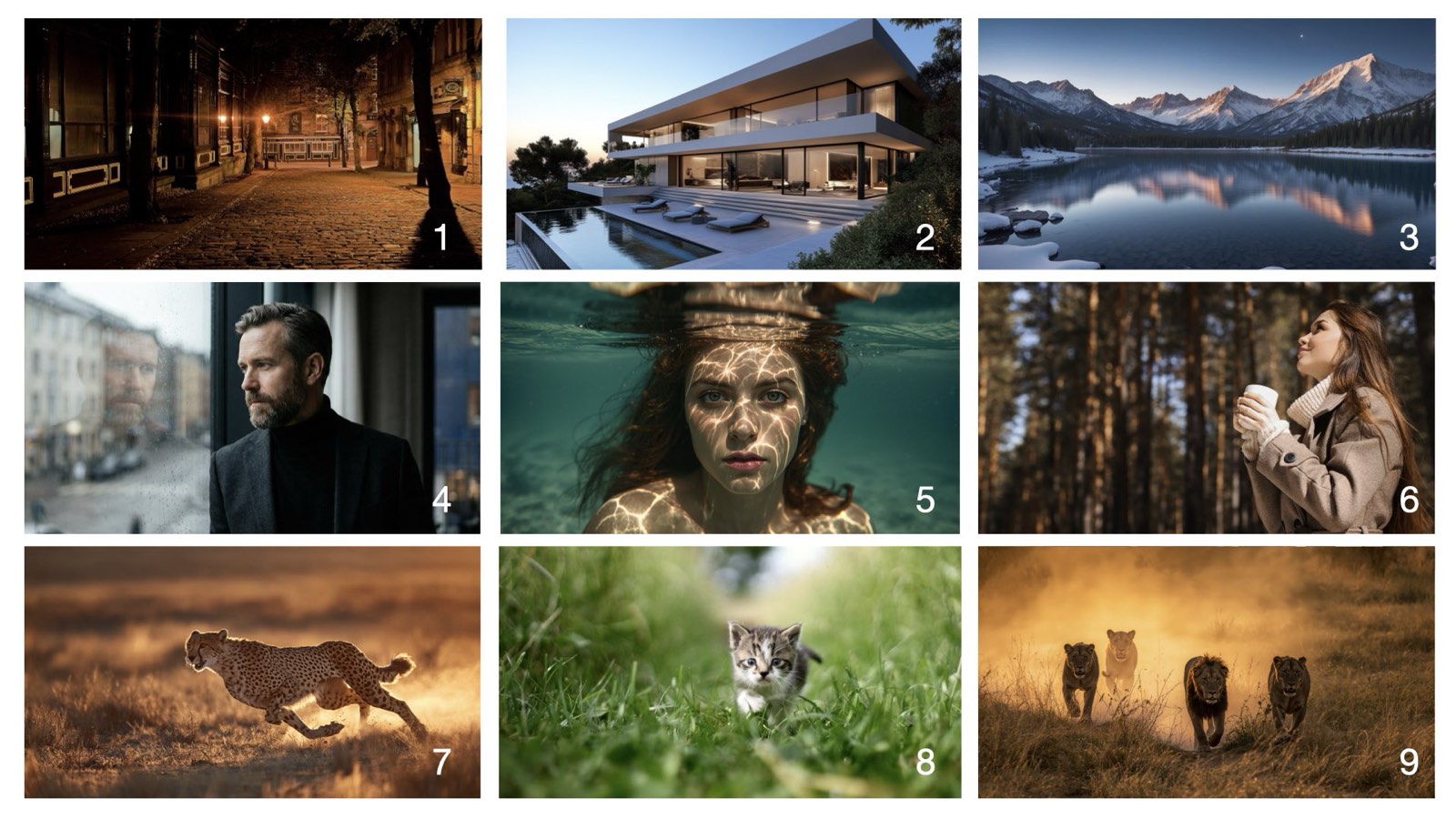 Nine numbered photographs in a 3x3 grid; some AI-generated, some not.