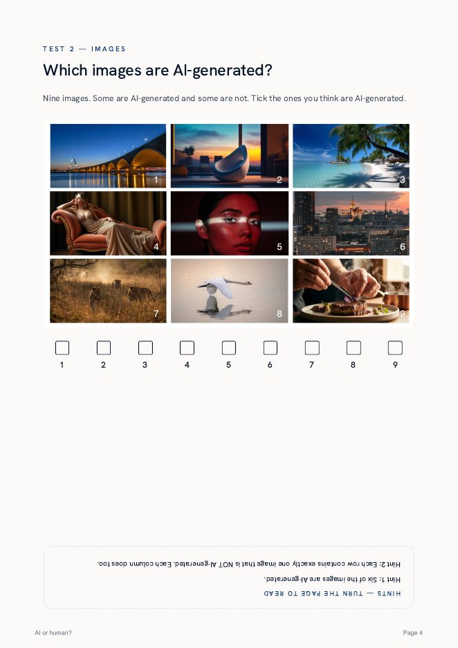 Page 4 of the PDF: a grid of nine numbered photographs with tick boxes underneath.