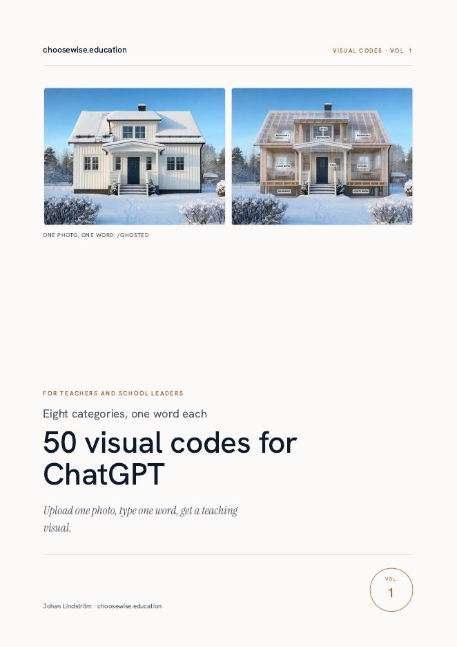 The PDF cover: the same house photographed in snow, before and after a code word turned it into a labelled teaching visual.