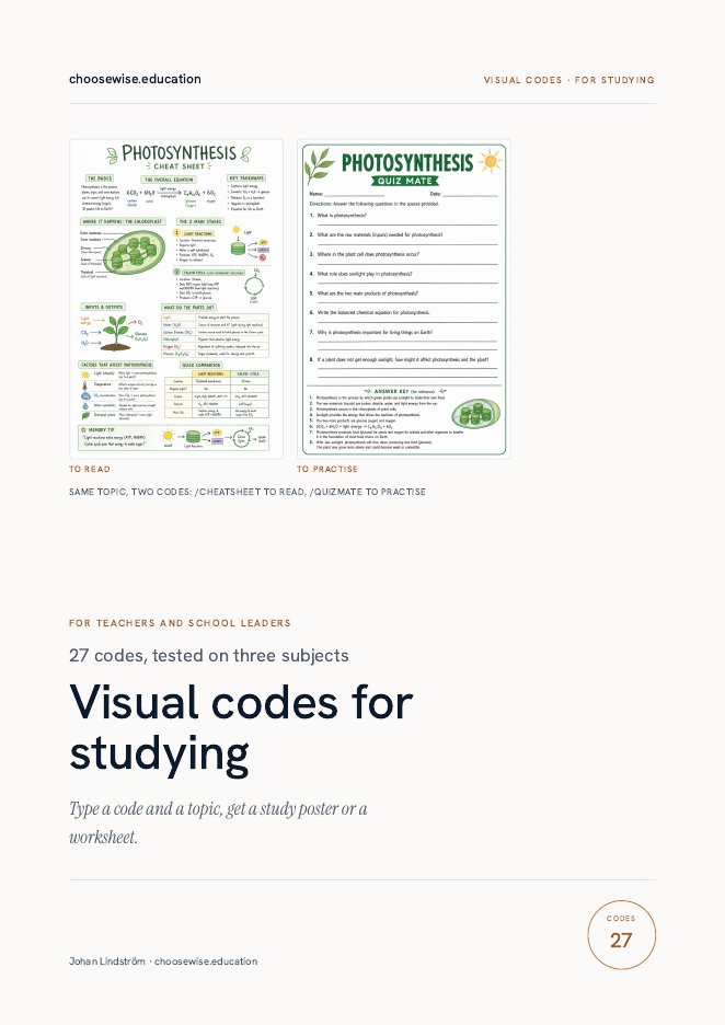 The PDF cover: a photosynthesis cheat sheet to read next to a photosynthesis quiz sheet to practise.