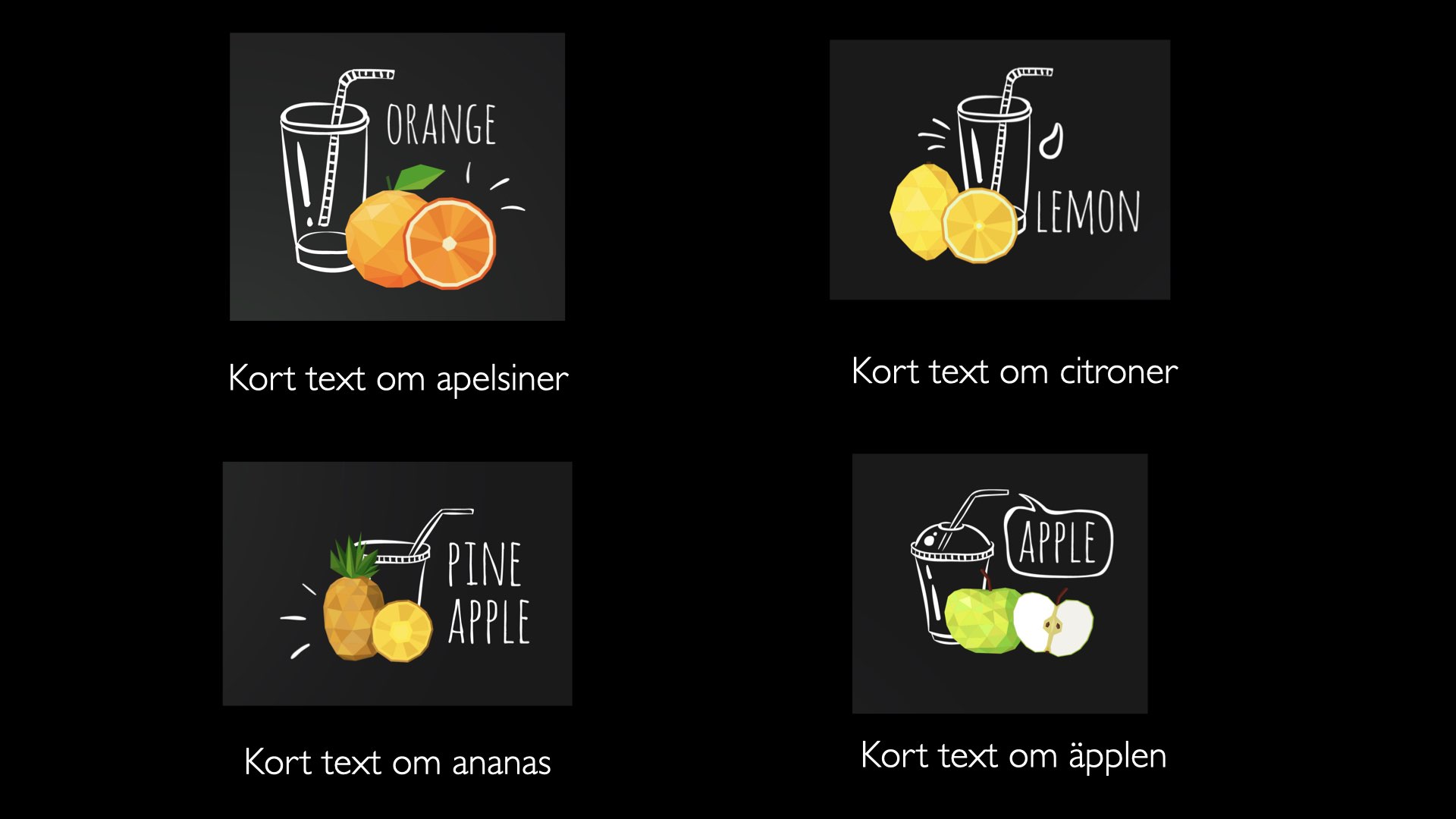 Slide med fyra frukt-illustrationer i ett rutnät: apelsiner, citroner, ananas och äpplen — varje med en kort etikett under.
