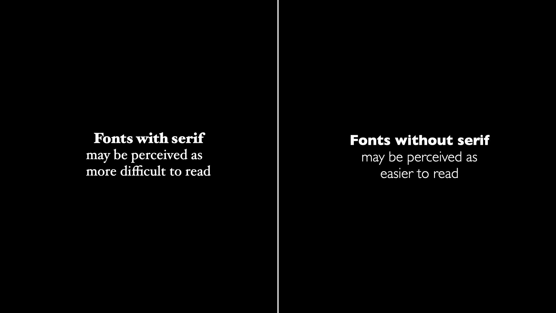 Two columns: left with a serif typeface ('Fonts with serifs can feel harder to read'), right with sans-serif ('Fonts without serifs usually feel easier to read').