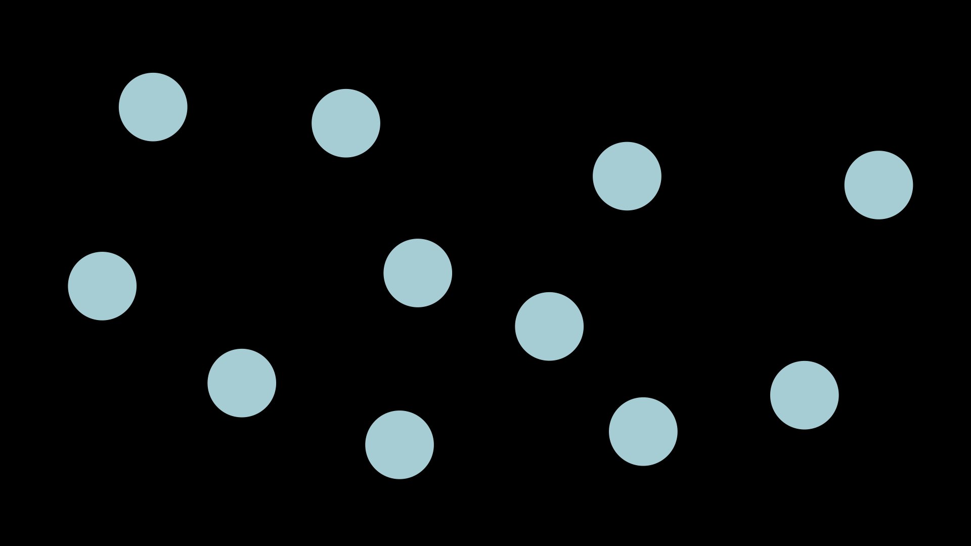 Slide with eleven turquoise dots scattered on a black background.