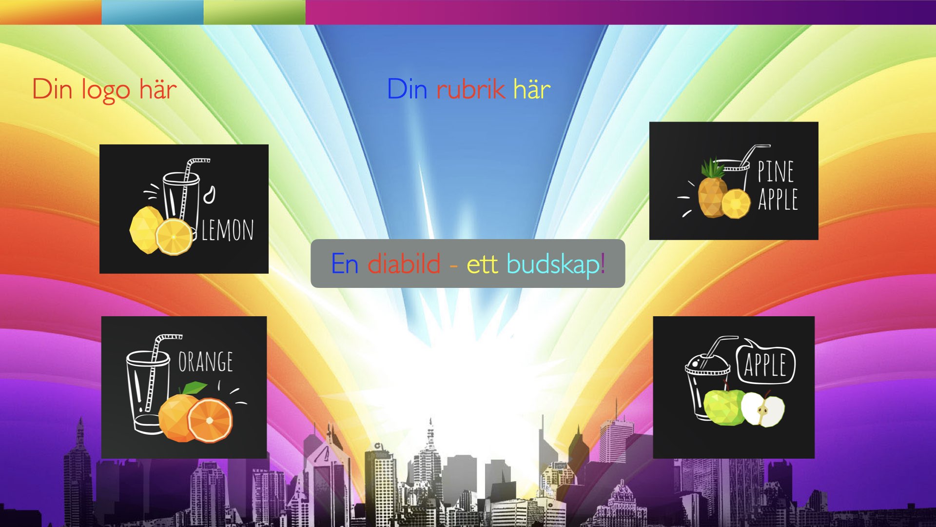 En överbelastad slide med regnbågsbakgrund, stadsskuggor, fyra färgglada bilder, logotyp, rubrik och kärnbudskap som alla tävlar om uppmärksamheten.