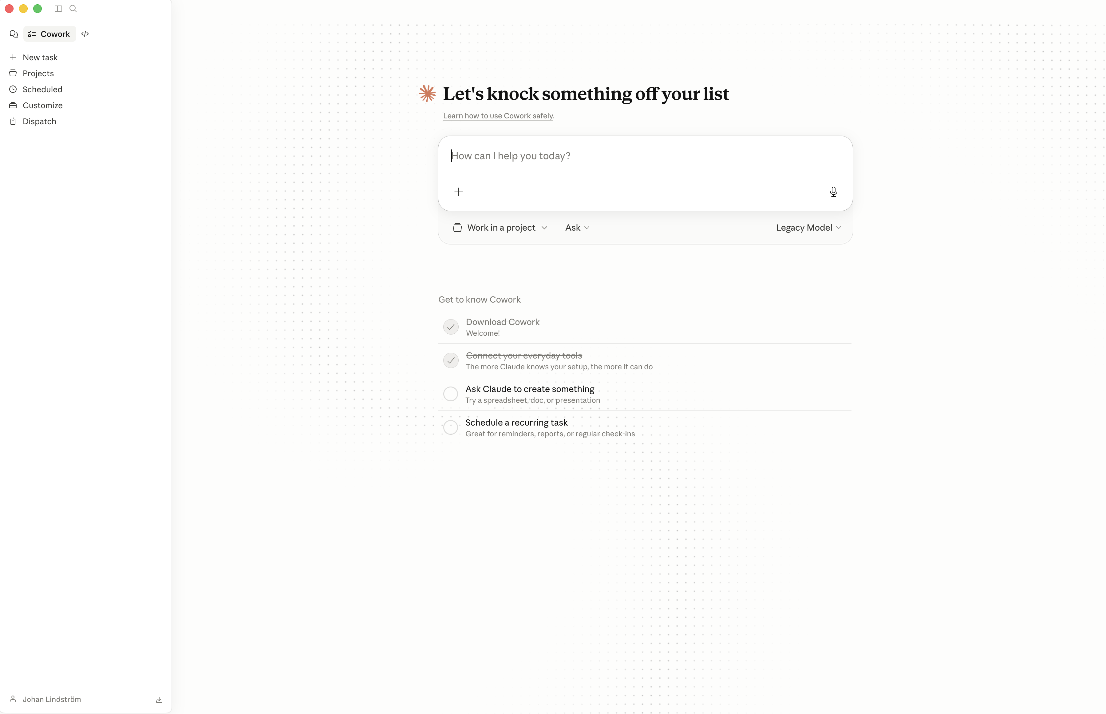 Claude Desktop showing the Cowork tab
