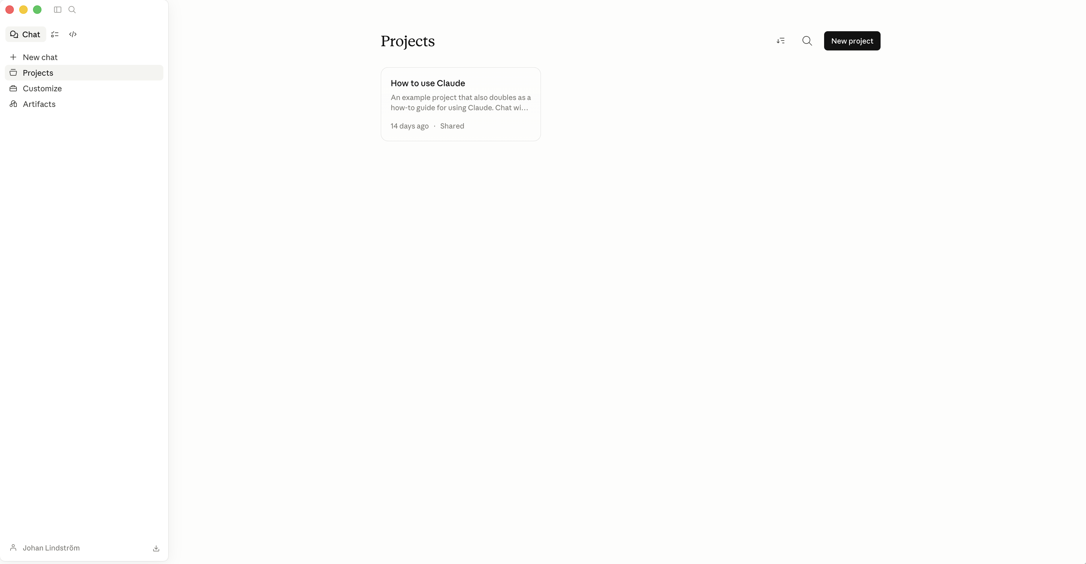 Claude Desktop with the Projects sidebar