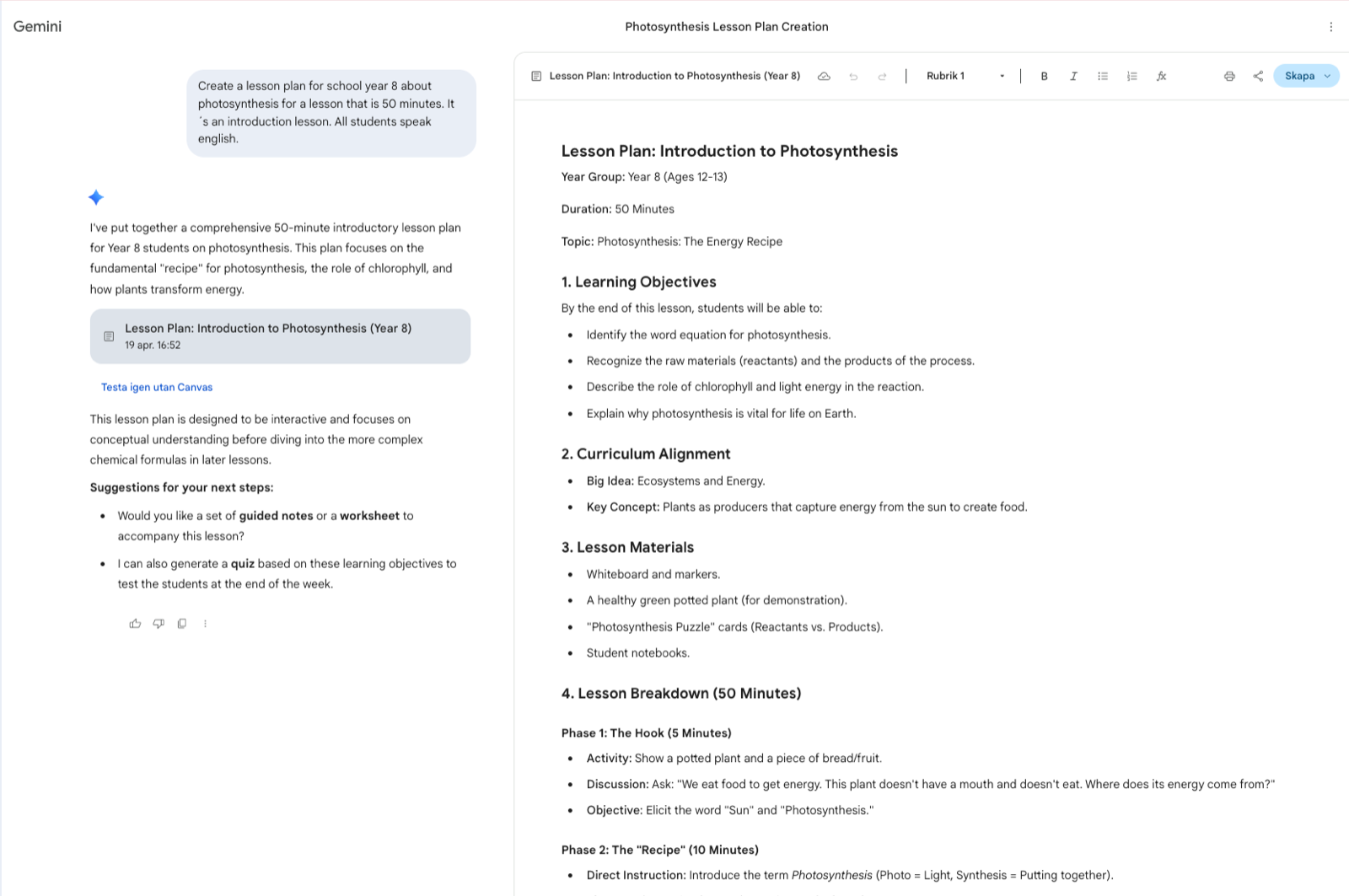 Canvas workspace in Gemini