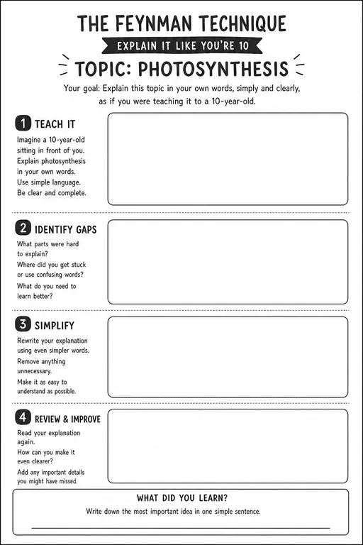 A Feynman technique worksheet on photosynthesis with four empty boxes to write in
