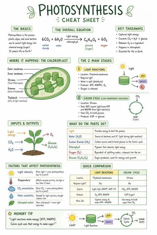 A cheat sheet on photosynthesis: equation, chloroplast, the two stages and a comparison table