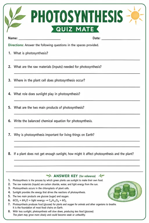 A quiz sheet on photosynthesis: eight questions with empty answer lines and a key in small print